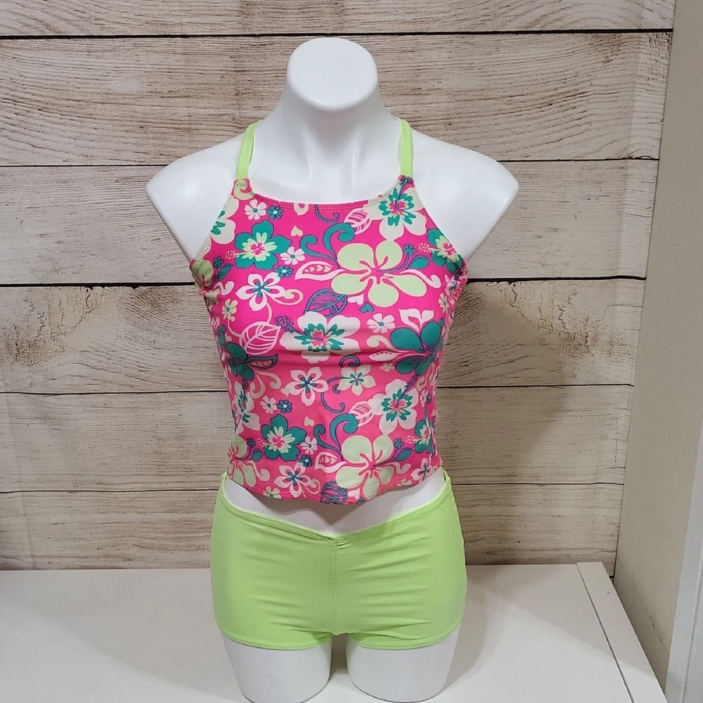 💟 OP Girls Floral Halter Top and Neon Shorts Swim Set XL